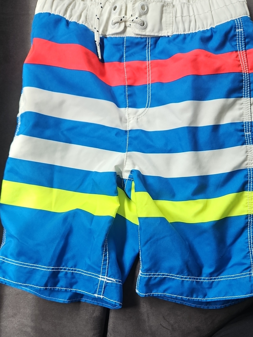 Kids Blue Striped Swim Trunks with Neon and Coral Accents From GAP